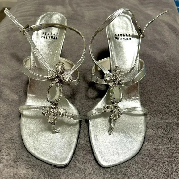 Stuart Weitzman Shoes - Stuart Weitzman Strappy Silver Jewelled Sandals Heels Size  8.5 Bling Straps